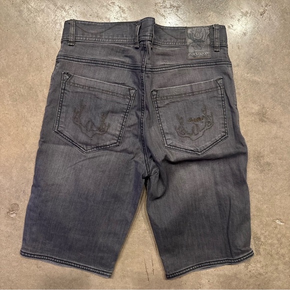 Embroidered  Stockerport Gray Denim Shorts with Button Accents - Picture 3 of 5